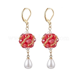 ガラスのティアドロップ型フレンチフックピアス  ゴールドカラー  レッド  57.5x15.5mm&nbsp;EJEW-MZ00531-05