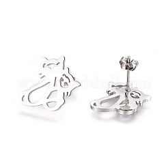 変色しにくい304ステンレススチールの子猫スタッドピアス  低刺激性のイヤリング  ピアスキャッチ/ピアスバックキャッチ付き  中空猫  ステンレス鋼色  17x15x1.4mm  ピン：0.6mm  6のペア/カード&nbsp;EJEW-F234-08P