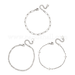 3個 3スタイル 304ステンレススチール フィガロ&ペーパークリップチェーンブレスレット&リンクブレスレット レディース  ステンレス鋼色  7-3/8インチ（18.6cm）  1個/スタイル&nbsp;BJEW-JB12432