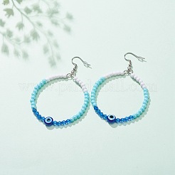 レジンナザールボンジュウ＆アクリルビーズビッグリングダングルピアス  女性用304ステンレスジュエリー  シアン  77mm  ピン：0.6mm&nbsp;EJEW-JE04999-05