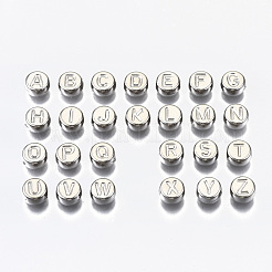 CCBプラスチックビーズ  水平穴  アルファベット付きフラットラウンド  プラチナ  7x4mm  穴：1.8mm  約3300個/500g&nbsp;CCB-N004-002P