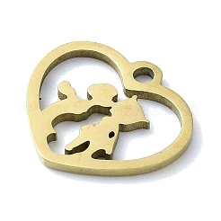 304ステンレススチールチャーム  レーザー切断  カップルチャーム付きハート  ゴールドカラー  11.5x12.5x1mm  穴：1.2mm&nbsp;STAS-C097-38B-G