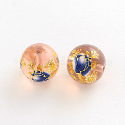 フラワー花柄クリアガラスラウンドビーズ  ミックスカラー  14x13mm  穴：1.5mm&nbsp;GFB-R004-14mm-M18
