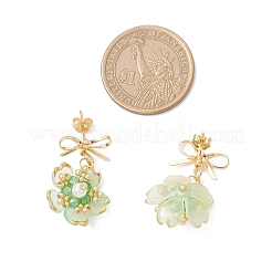 花の手作りガラスシードビーズダングルスタッドピアス  真鍮のスタッドピアス金具とアクリル  ゴールドカラー  薄緑  30x18.5mm&nbsp;EJEW-MZ00471-03
