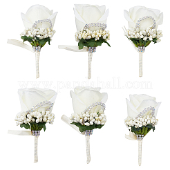 ラインストーンと布のバラの花ブートニアブローチ  結婚披露宴用の鉄の襟章  リネン  110x57x43mm  ピン：0.7mm。&nbsp;AJEW-WH0258-294C