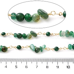 手作りの真鍮ガラス リンク チェーン  ネックレスやブレスレットを作るための天然グリーン瑪瑙チップビーズ付き  長持ちメッキ  ハンダ付け  スプールで  ゴールドカラー  リンク：9.5~28x3~6x3~6mm  約16.40フィート（5m）/ロール&nbsp;CHC-F019-08G