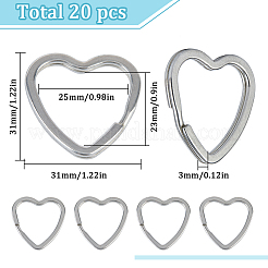 304ステンレススチール製スプリットキーリング20個  キーホルダークラスプ  ハート  ステンレス鋼色  31x31x3mm  内径：25x23mm&nbsp;STAS-SC0009-03