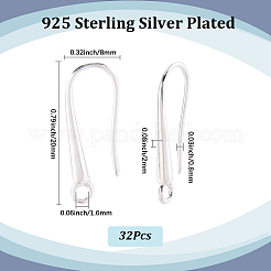 32個の真鍮ピアスフック  カドミウムフリー＆鉛フリー  925銀メッキ  20x8x2mm  穴：1.6mm  ピン：0.8mm&nbsp;KK-SC0006-57S