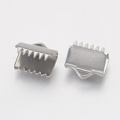 変色しにくい304ステンレススチールリボンカシメエンドパーツ  長方形  ステンレス鋼色  9x10.5mm  穴：1x3mm&nbsp;STAS-G187-25P-10.5mm