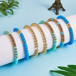 合成ヘマタイト＆ポリマークレイヘイシビーズストレッチブレスレットセット  女性のための金メッキラウンドビーズブレスレット  ドジャーブルー  内径：2-1/4インチ（5.7cm）  7個/セット&nbsp;BJEW-PH01487-02