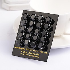 ラウンドキュービックジルコニアスタッドピアス  304ステンレスピン付き  ブラック  4mm  ピン：0.9mm&nbsp;EJEW-H306-39-4mm