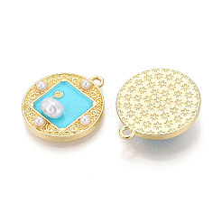 メッキ合金エナメルチャームラック  フラットラウンド  アブソリュートプラスチック模造パール  カドミウムフリー＆鉛フリー  ライトゴールド  シアン  27.5x24x6.5mm  穴：2mm&nbsp;ENAM-N066-12KCG