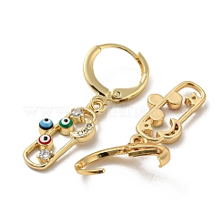 本物の18K金メッキ真鍮ダングルフレンチフックピアス  エナメル質とキュービックジルコニア付き  ナザールボンジュウと月  カラフル  31.5x9mm&nbsp;EJEW-A033-23G-01