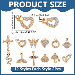 24 個 12 スタイル合金クリスタルラインストーンペンダント  ゴールドカラー  混合図形  14.8~26.5x10.4~18mm  2個/スタイル&nbsp;FIND-WR0012-69
