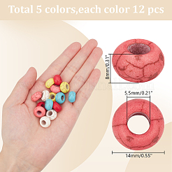 60色染め合成ターコイズヨーロピアンビーズ5個  大穴ビーズ  ロンデル  ミックスカラー  14x8mm  穴：5.5mm  12個/カラー&nbsp;SPDL-AR0001-04