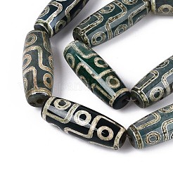 チベット風の Dzi 瑪瑙ビーズ 連売り  天然石瑪瑙ビーズ  染め＆加熱  バレル  ダークシーグリーン  片目  9mm  穴：39~40x13~15.5mm  約1.6~3.8個/連  8インチ（12.40~12.60cm）&nbsp;G-N357-03A-01