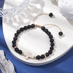 調節可能な6mmの丸型天然溶岩石編みビーズブレスレット  夏のビーチ用女性用合成ターコイズブレスレット  クロス  内径：2~3インチ（5~7.6cm）  クロス：15.5x12.5x4mm&nbsp;BJEW-JB10615-01