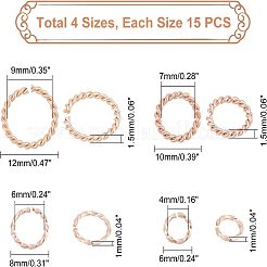 60個 4スタイル 304ステンレススチールオープン丸カン  ツイストラウンド  ローズゴールド  6~12x1~1.5mm  内径：4~9mm  15個/スタイル&nbsp;STAS-UN0038-41