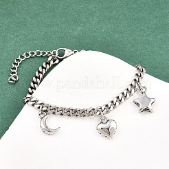 316サージカルステンレススチール製ムーンハートスターチャームブレスレット  女性用カーブチェーンブレスレット  ステンレス鋼色  7-1/4インチ（18.5cm）&nbsp;BJEW-C125-11P
