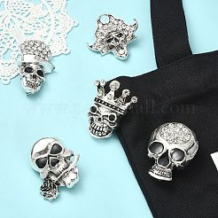 5個 5スタイル スカル合金ラインストーンラペルピン  バックパックの服のための創造的なバッジ  アンティークシルバー  47~50.5x35~47x14~19mm  1個/スタイル&nbsp;JEWB-CJ0003-51
