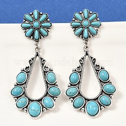 合金合成ターコイズダングルスタッドピアス  ティアドロップとフラワー  アンティークシルバー  80x35.5mm&nbsp;EJEW-U053-12AS