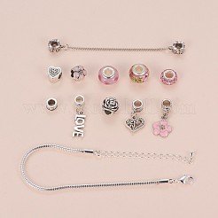 バレンタインデーのアクセサリー  DIYブラスヨーロッパブレスレットメイキングキット  合金エナメルの花付き  ガラス  ランプワーク  ポリマークレイラインストーン大穴ビーズ  合金および鉄の欧州安全カーブチェーン  ピンク  5.4x5.3x2cm&nbsp;DIY-JP0003-44