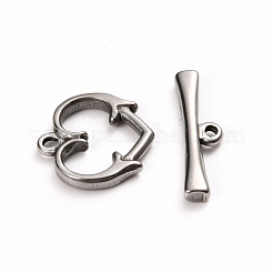 変色しにくい304ステンレススチールのトグル留め具  ハート  ステンレス鋼色  ハート：15x15.5x2mm  穴：1.6mm  バー：21x6x2.5mm  穴：1.5mm&nbsp;STAS-D142-06A-P