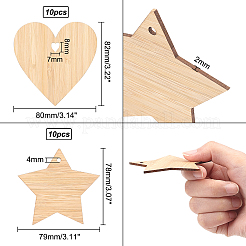 大きなペンダント用の未完成の木片  星とハートの形  バリーウッド  79x78x2mm  穴：4mm  20個/セット&nbsp;AJEW-OC0001-87