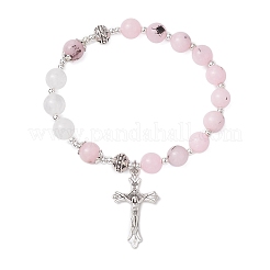 天然桜瑪瑙ビーズブレスレット  女性用合金クロスチャーム付き  1/4インチ（0.8cm）  内径：2-1/8インチ（5.3cm）&nbsp;BJEW-TA00564-03