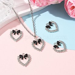 ラインストーンペンダント付き合金エナメル  ちょう結びのチャームが付いたハート  プラチナ  ブラック  18.6x17.3mm&nbsp;FIND-FZC0005-007P-05