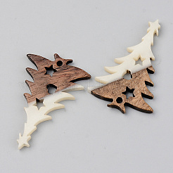 不透明な樹脂とクルミ材のペンダント  クリスマスツリー  フローラルホワイト  38x25x3mm  穴：2mm&nbsp;LS-RESI-S389-018A-C04