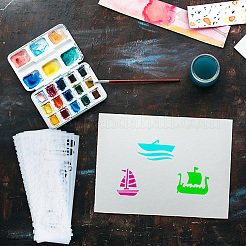 2セット2スタイルのペット用くり抜きプラスチック製描画ペイントステンシルテンプレート  天候模様のある長方形  船の模様  185x55x0.2mm  1セット/スタイル&nbsp;AJEW-GF0006-91A