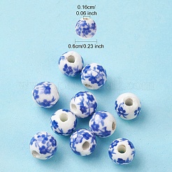 手作りの陶器ビーズ  青と​​白の磁器  花の丸  ブルー  6mm  穴：1.6mm&nbsp;PORC-YW0001-06A