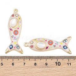 印刷された合金エナメルペンダント  ナザールボンジュウ模様の魚のお守り  ラインストーンと樹脂製の模造キャッツアイ付き  カドミウムフリー＆ニッケルフリー＆鉛フリー  ラックめっき  ゴールドカラー  43.5x16.5x6.5mm  穴：1.6mm&nbsp;RB-CBAA915-02G-07
