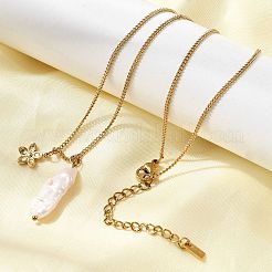 天然淡水ケシパールスティックと304ステンレススチールフラワーペンダントネックレス（女性用）  イオンプレーティング（ip）  ホワイト  18KGP本金メッキ  16.34インチ（41.5cm）&nbsp;NJEW-K255-55G