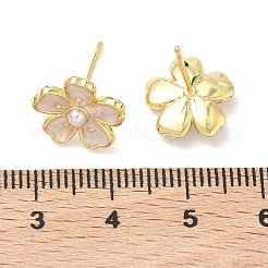 フラワー真鍮＆ABSプラスチックパールスタッドピアス  エナメル  カドミウムフリー＆鉛フリー  長持ちメッキ  ラックめっき  18KGP本金メッキ  ホワイト  12.5x13mm&nbsp;EJEW-P336-07G-01