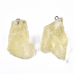 天然なレモンクォーツのペンダント  ラフ原石  304ステンレススチールループ付き  ナゲット  25~45x20~31x10~20mm  穴：2mm&nbsp;G-N332-023-04