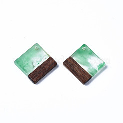 透明樹脂＆ウォールナットウッドチャーム  ツートン  菱形  ライムグリーン  24x24x3mm  穴：2mm  辺の長さ：17.5mm&nbsp;RESI-T035-31A