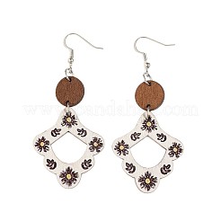 ボヘミアンウッド＆亜鉛合金製ダングルピアス（女性用）  花  パパイヤホイップ  78x35mm&nbsp;WGF17A7-01