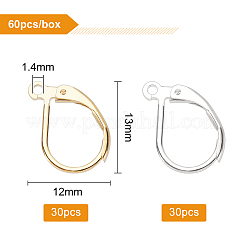 2色60個の真鍮フレンチフックピアス金具  水平ループ付き  ミックスカラー  13x12x2mm  穴：1.4mm  ピン：0.8mm  30個/カラー  2色  60個/箱&nbsp;KK-BC0002-34