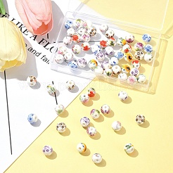 64個 8色 花柄プリント磁器ビーズ  花柄のセラミック製丸ビーズ  ミックスカラー  10mm  穴：2mm  8個/カラー&nbsp;PORC-FS0001-06