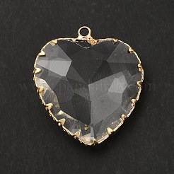 K9ガラスチャーム  ハートチャーム  明るい金色の真鍮のパーツと  多面カット  クリスタル  31x28x9mm  穴：2mm&nbsp;KK-E071-07KCG-04