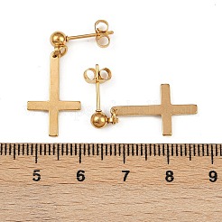 クリスチャン逆十字201ステンレススチールダングルスタッドピアス  304ステンレスピン付き  ゴールドカラー  27.5x12.5mm&nbsp;EJEW-P314-01A-G