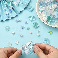 DIYジュエリー作りの発見キット  樹脂カボションとペンダントを含む  パール調アクリルビーズ  花と蝶とハートと蝶結び  ターコイズ  392個/箱&nbsp;CRES-YW0001-24