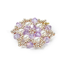 ガラスシードビーズの花のペンダント  ガラスと貝パールビーズとループ付き  プラム  29.5x27x4.5mm  穴：3.5mm&nbsp;PALLOY-MZ00513-02