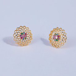 中空花真鍮スタッドピアス  キュービックジルコニア付き  ゴールドカラー  14.2x14.2mm&nbsp;OZ6343
