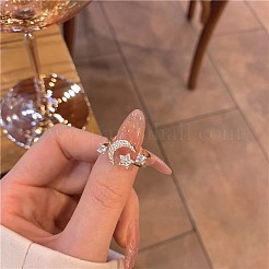 女性用真鍮マイクロパヴェクリアキュービックジルコニアオープンカフリング  月＆星  ゴールドカラー  内径：16~19mm&nbsp;FS-WGCF28E-01