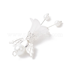 つや消しアクリルパーツ  天使  合金の留め具とガラスのパールビーズ付き  銀  48x21.5x18mm  穴：3mm&nbsp;PALLOY-JF04048-01