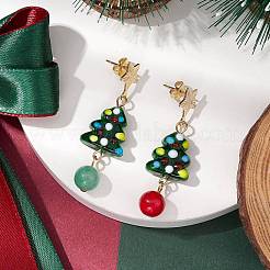 304ステンレススチールとガラスのスタッドダングルイヤリング  クリスマスツリー  ゴールドカラー  ミックスカラー  46.5x15mm&nbsp;EJEW-TA00526