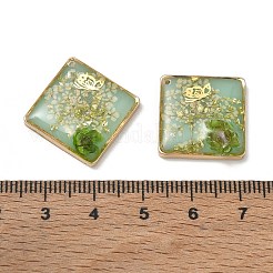 真鍮メッキ、透明エポキシ樹脂、ドライフラワーのペンダント  花と蝶の模様が入った菱形のチャーム  グリッターパウダー付き  グリーン  25x24.5x6mm  穴：0.9mm&nbsp;RE-CBAA153-05A
